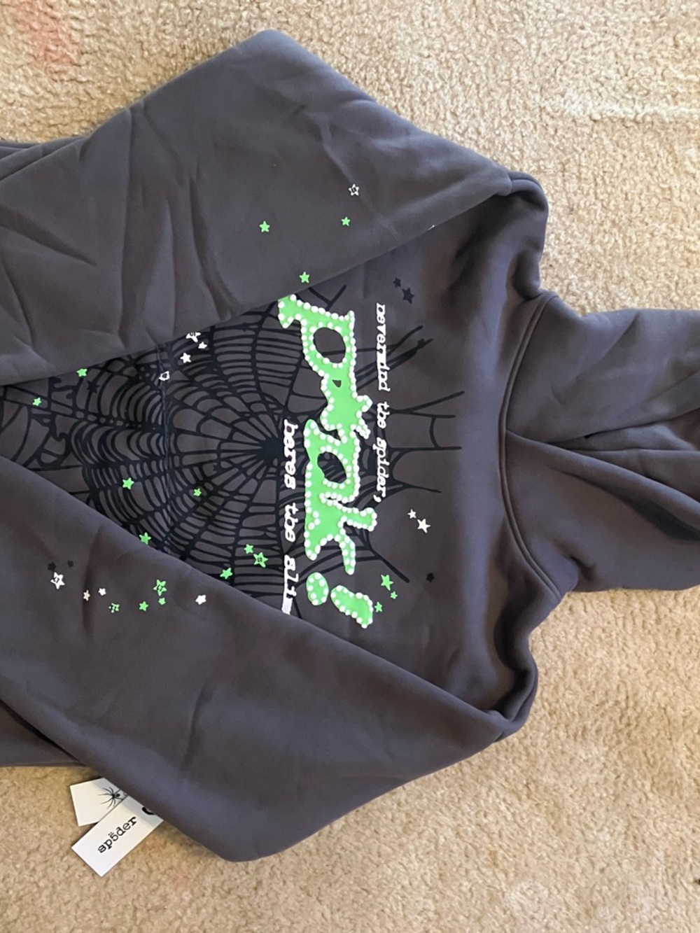 Spider Graphic Gray Pullover Hoodie with Neon Green Accents